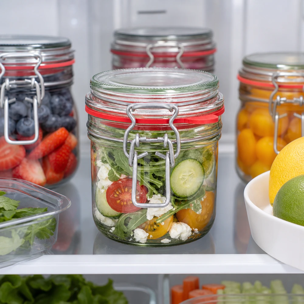 Słoik do przechowywania o pojemności 255 ml, typ G, z zamknięciem na zatrzask UN.. 255ml Vorratsglas mit Bügelverschluss im Kühlschrank mit frischem Salat gefüllt neben anderen Meal-Prep-Gläsern