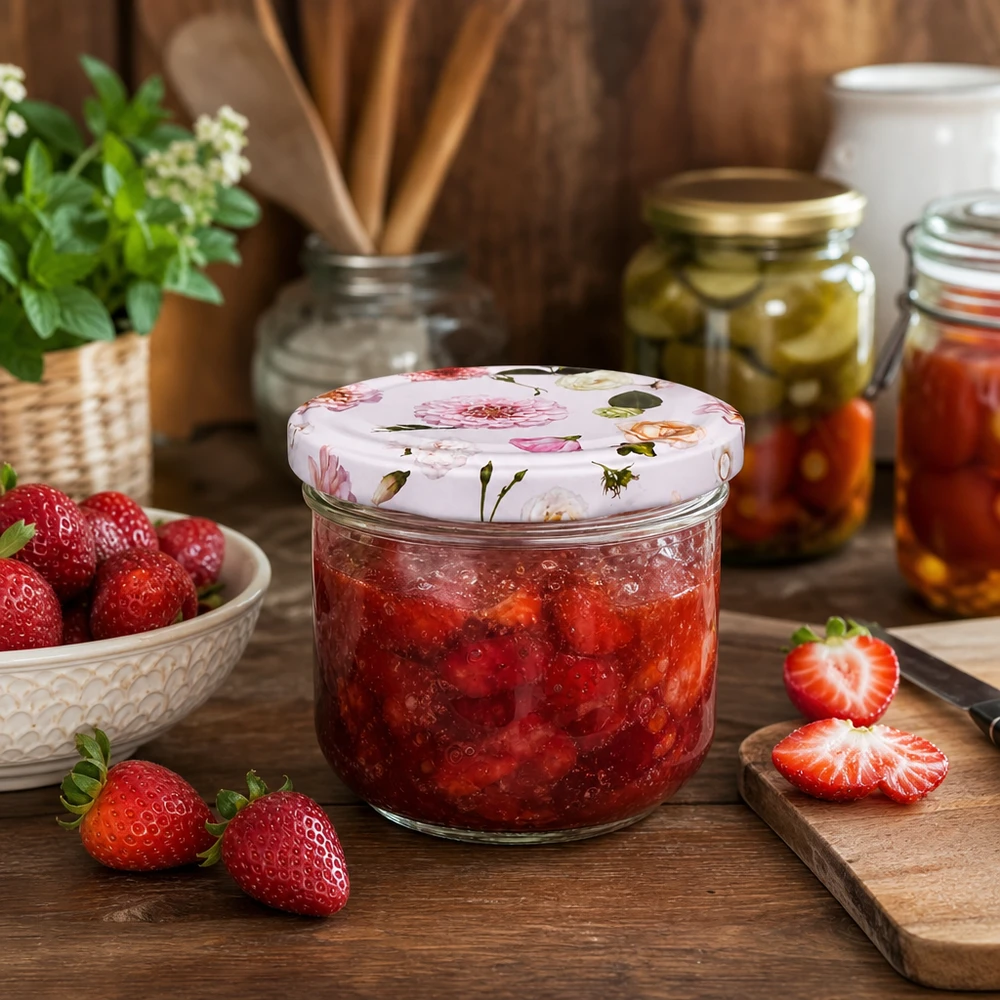 Słoik z pokrywką 260 ml + pokrywka BasicSeal kwiat różowy UN.. Słoik do przetworów 260 ml z kwiatową pokrywką wypełniony dżemem truskawkowym - pojemniki na dżem i marmoladę w kuchni