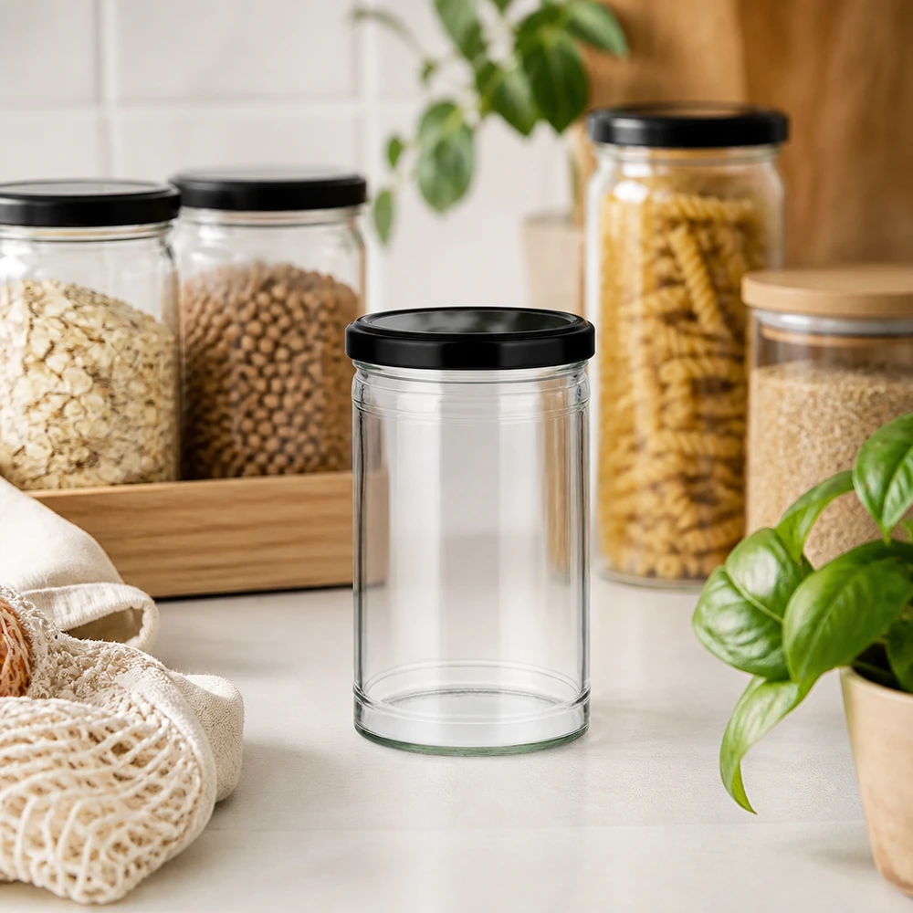 Słoik z pokrywką BasicSeal, 1053 ml, czarny UN.. Pusty szklany słoik 1053 ml z czarną pokrywką w kuchni zero-waste ze słoikami do przechowywania i zrównoważonymi materiałami