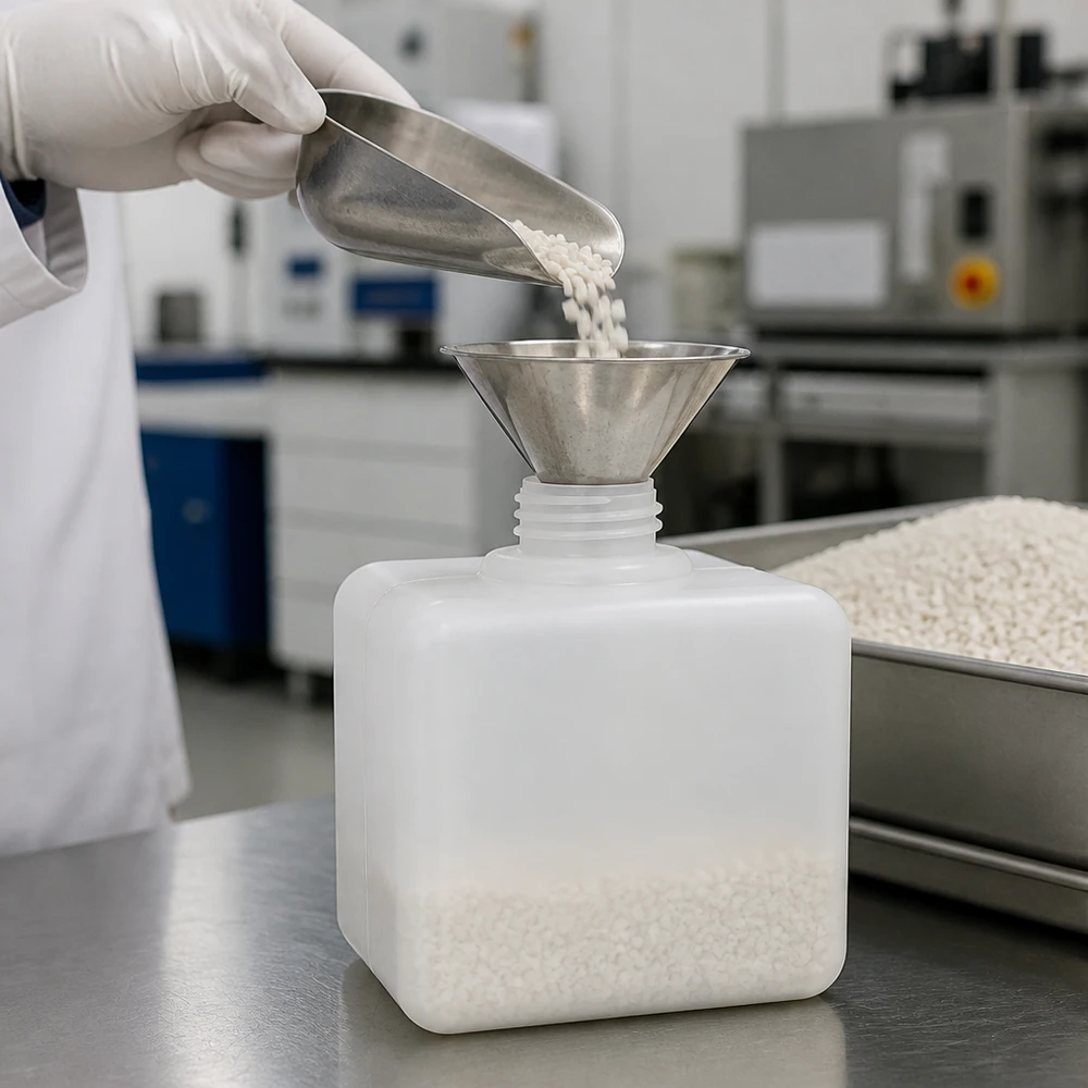 Butelka na chemikalia 500ml, wąska szyjka wykonana z PE-HD, kolor naturalny, GL 32 Butelka na chemikalia z PE-HD o pojemności 500 ml, z gwintem GL32 i wąską szyjką, do napełniania proszkiem za pomocą leja ze stali nierdzewnej i łopatki