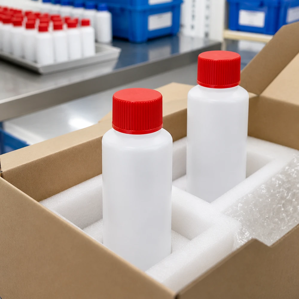 Butelka apteczna HDPE 30ml biała, z czerwonym SV Dwie białe butelki apteczne z HDPE o pojemności 30 ml z czerwonym zamknięciem zabezpieczającym, w opakowaniu kartonowym z wkładką z pianki