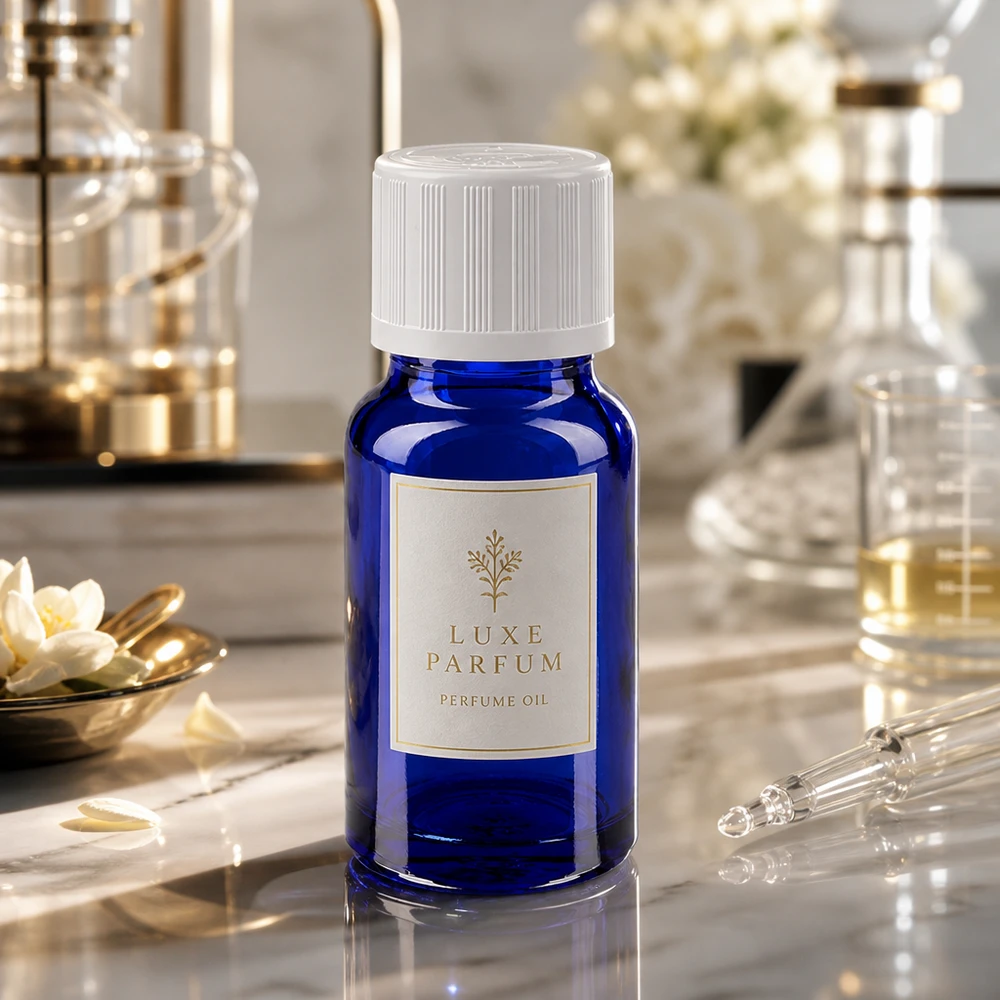 Butelka apteczna niebieska 10ml z kroplomierzem biała KiSi St Olejek perfumowy Luxe Parfum w kobaltowo-niebieskiej buteleczce z zakraplaczem o pojemności 10 ml, wyposażonej w białą nakrętkę zabezpieczającą przed dziećmi