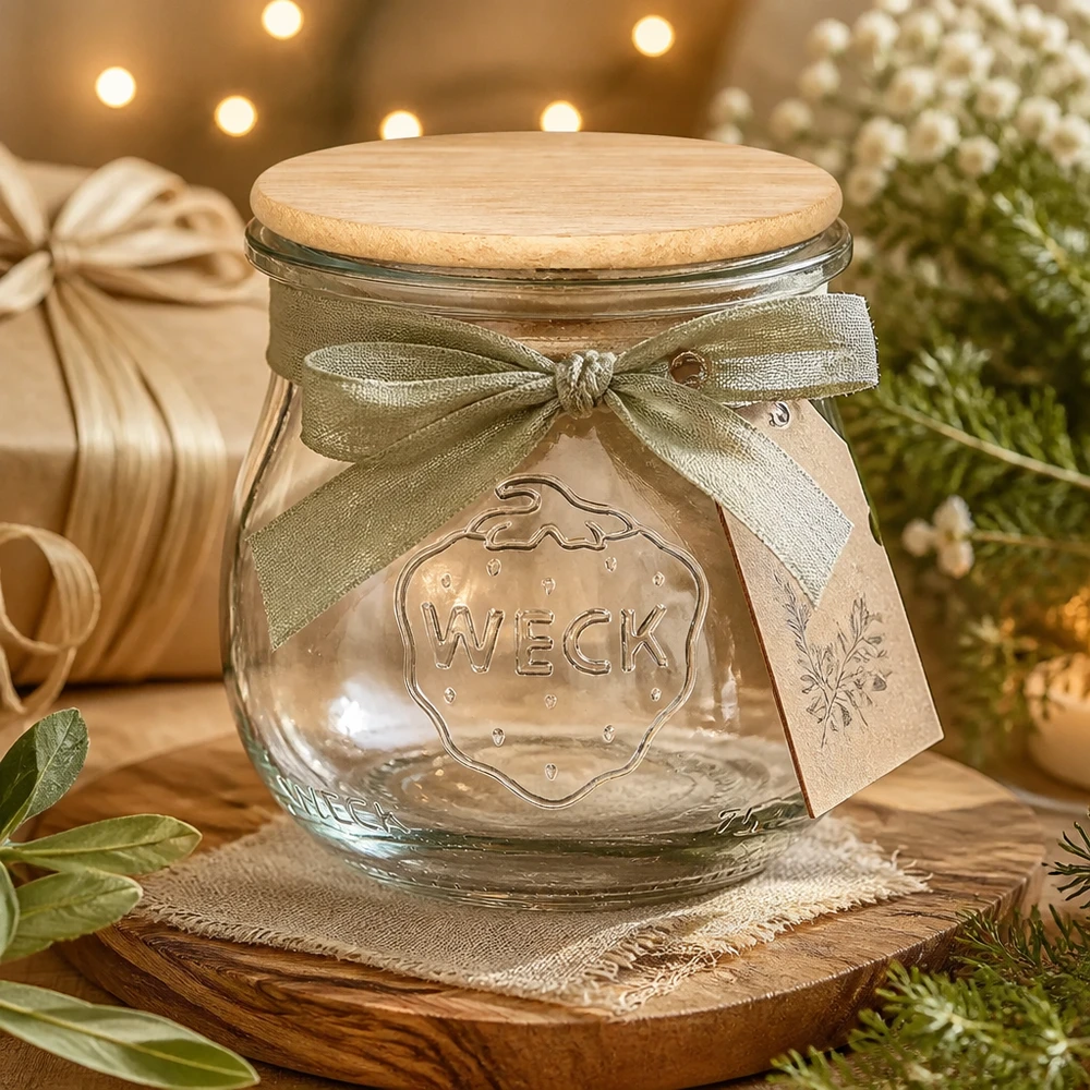 Słoik tulipanowy 75 ml WECK RR40 z drewnianą pokrywką WECK Tulpenglas 75ml mit Holzdeckel als Geschenkverpackung dekoriert mit Schleife für Marmelade und Konfitüre