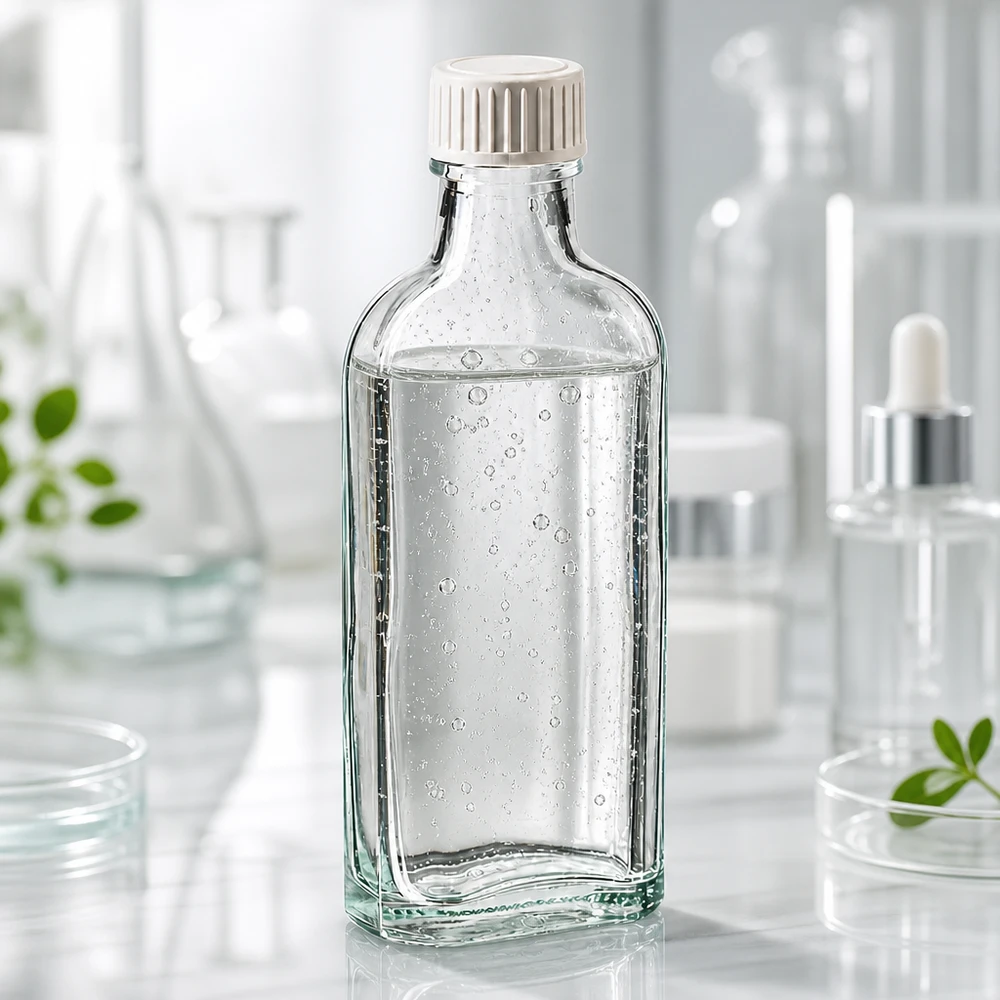 Przezroczysta butelka laboratoryjna Meplat o pojemności 100 ml z zakrętką i wkładką z pianki PE na białym tle laboratoryjnym