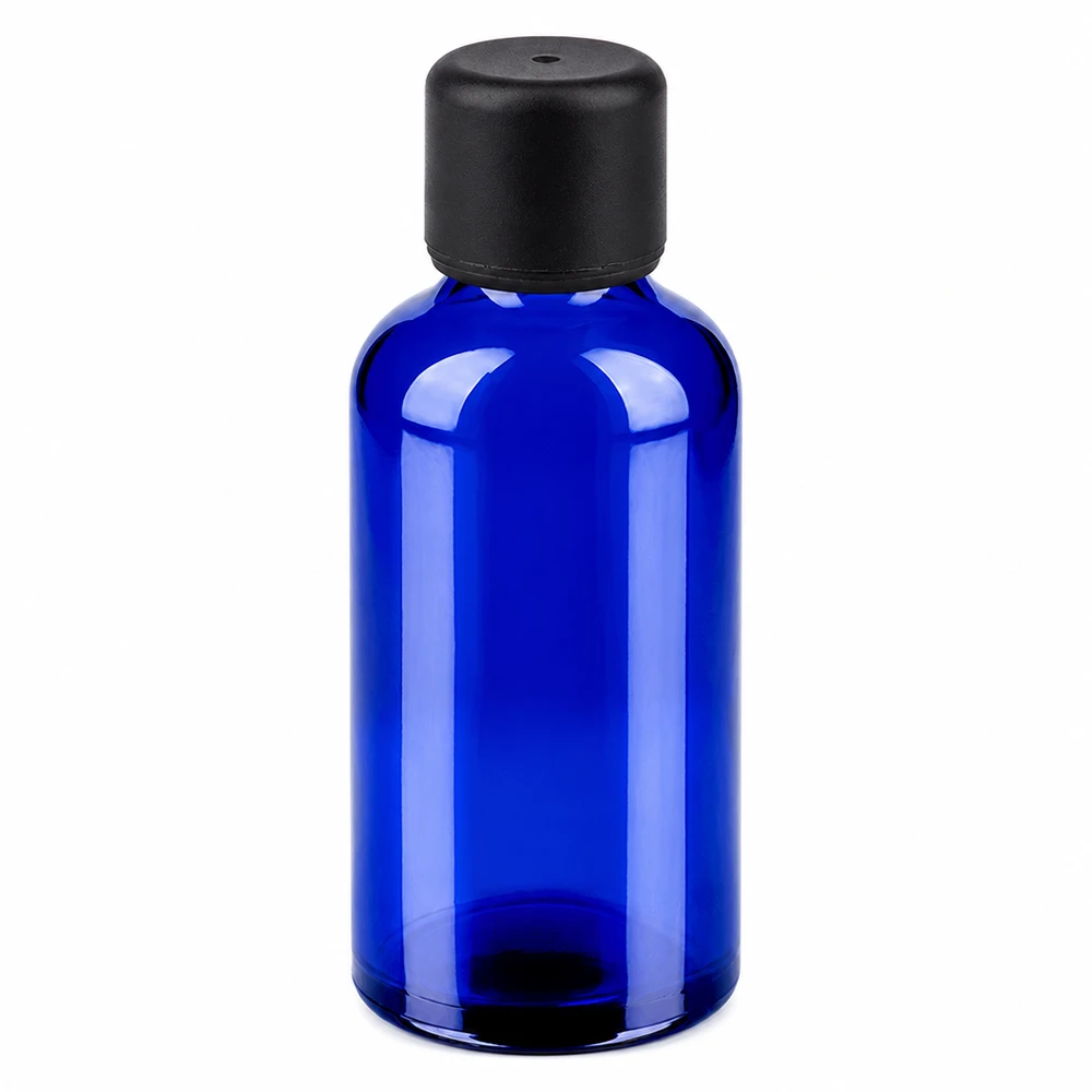 50 ml butelka 6 mm SV czarna STD BlueLine UT18/50 Niebieska szklana butelka 50 ml z czarną nakrętką na olejki eteryczne i kosmetyki