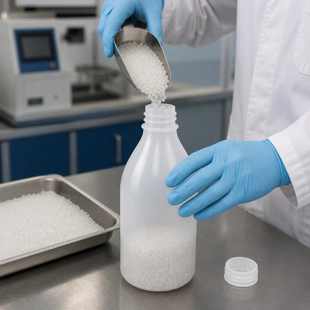 Butelki o wąskiej szyjce o pojemności 100 ml bez zamknięcia, zawierające białe granulki z tworzywa sztucznego, w warunkach laboratoryjnych
