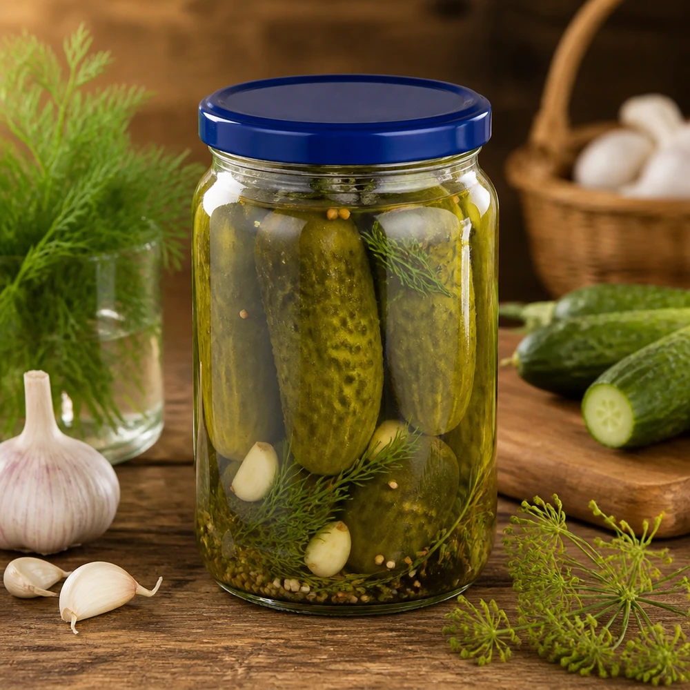 Słoik okrągły 795 ml + pokrywka BasicSeal niebieska UNiTWIST 795ml Rundglas mit blauem UNiTWIST Deckel für eingelegte Gurken mit Dill Knoblauch und Gewürzen perfekt zum Einmachen