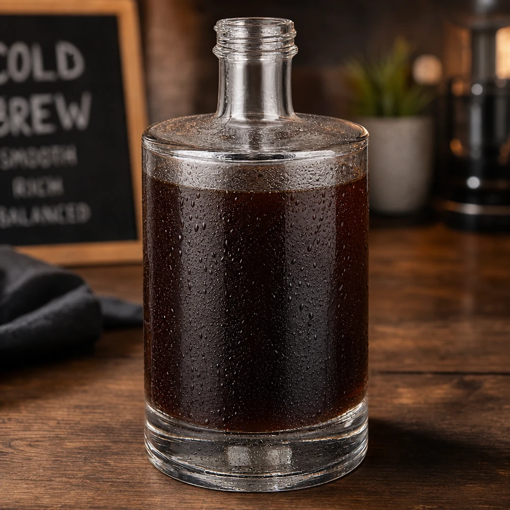 500ml szklana butelka Sam wypełniona zimnym naparem kawy kondensacja kropelek wody kawiarnia atmosfera drewniana podstawa