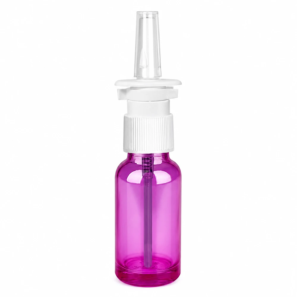 20 ml butelka ze sprayem do nosa z przezroczystą głowicą rozpylającą w kolorze fioletowym do aplikacji do nosa