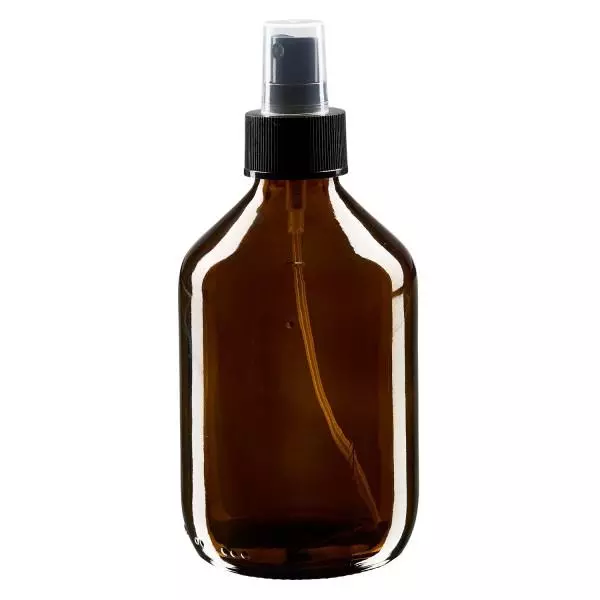 Butelka na lek 300 ml brązowa, z pompką rozpylającą czarny ApoGlas. Farmaceutyczna jakość produkcji UE. Gwint 28 mm (PP28). (syrop, butelka z lekkiego szkła) Butelka na lek 300 ml brązowa, z pompką rozpylającą czarny ApoGlas. Farmaceutyczna jakość produkcji UE. Gwint 28 mm (PP28). (syrop, butelka z lekkiego szkła)