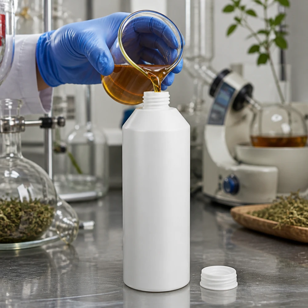 Cylindryczna, biała butelka apteczna o pojemności 250 ml, wykonana z HDPE, jest napełniana w laboratorium złotym ekstraktem