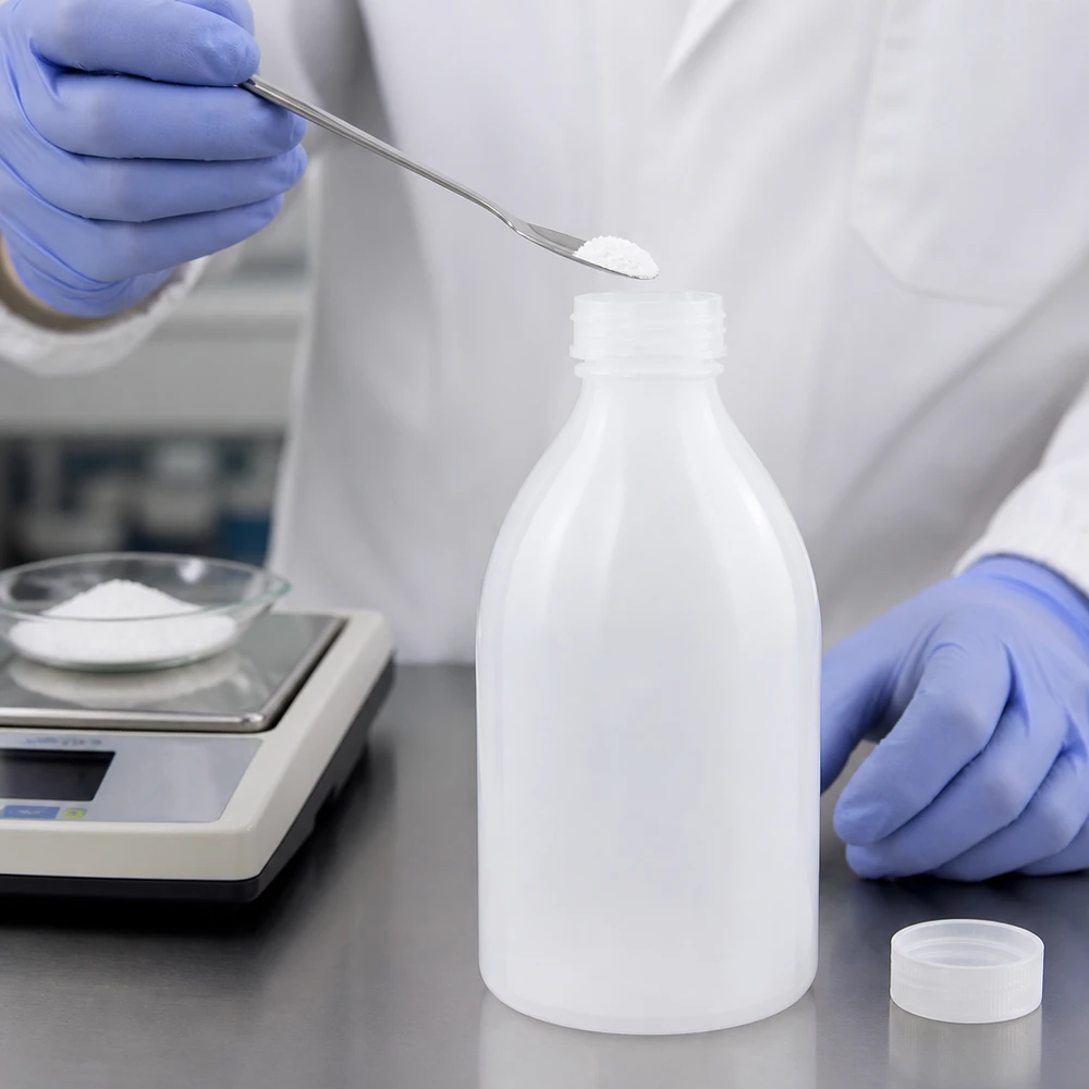 Butelka zakręcana 500 ml, butelka laboratoryjna z wąską szyjką 500ml Laborflasche Enghals neben Analysenwaage mit weißem Pulver auf Petrischale