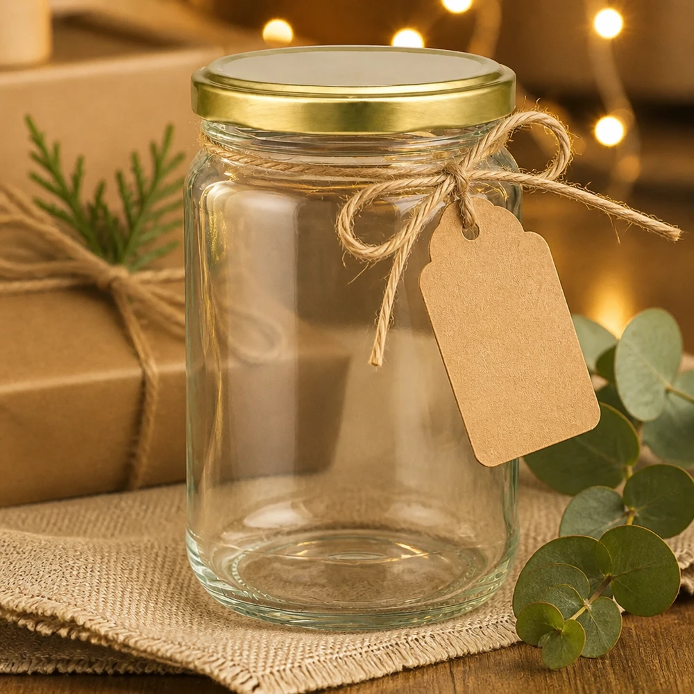 Słoik okrągły 305 ml z pokrywką BasicSeal złota UNiTWIST 305ml Rundglas UNiTWIST gold mit Geschenkanhänger - leeres Einweckglas dekorativ präsentiert für Geschenkideen