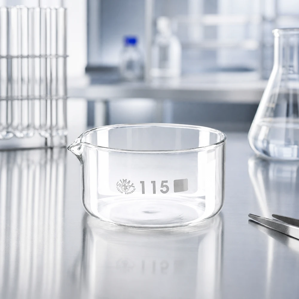 Naczynie do krystalizacji 500 ml z borokrzemianową wylewką Miska krystalizacyjna SIMAX 500 ml ze szkła borokrzemowego na stole ze stali nierdzewnej w profesjonalnym laboratorium, ø 115 mm