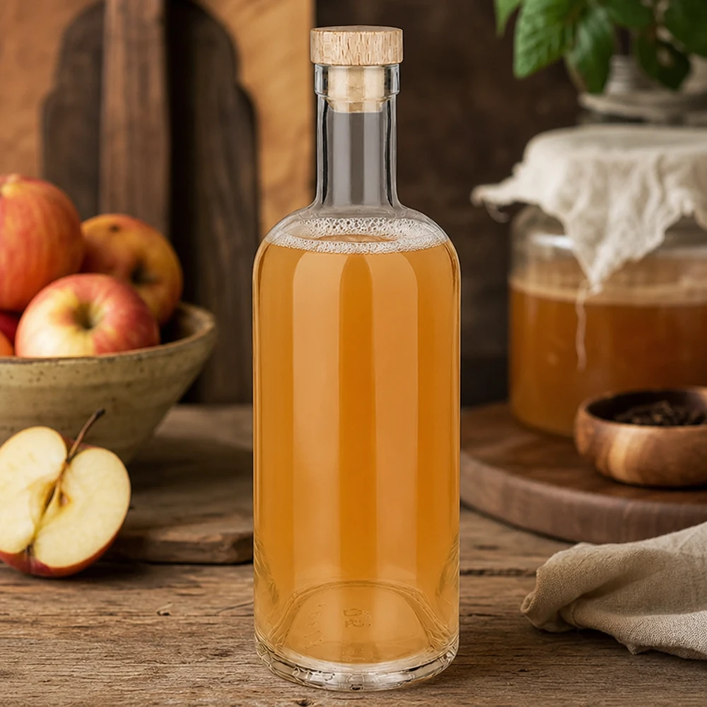 750ml Glasflasche Emma mit Holzkorken gefüllt mit Apfelsaft inmitten herbstlicher Apfel-Deko auf rustikalem Holztisch