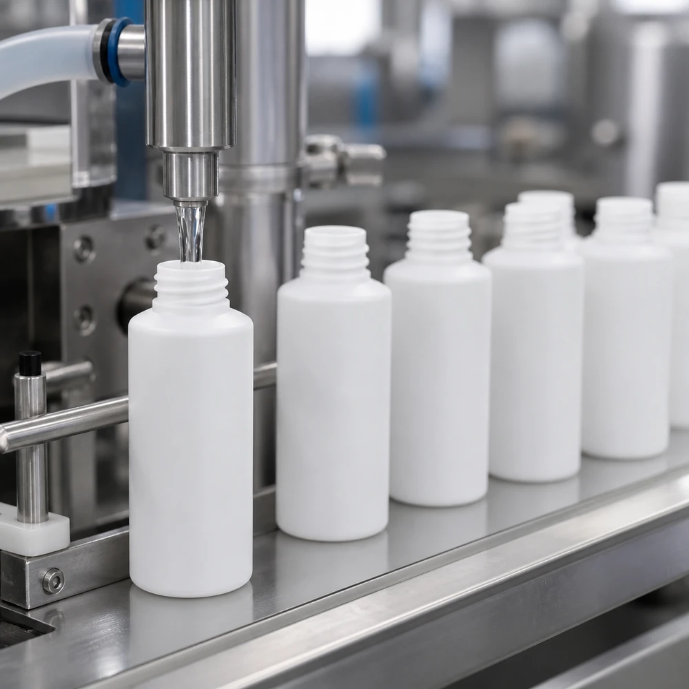Automatyczna linia rozlewnicza napełnia białe butelki apteczne z HDPE o pojemności 30 ml na przenośniku taśmowym