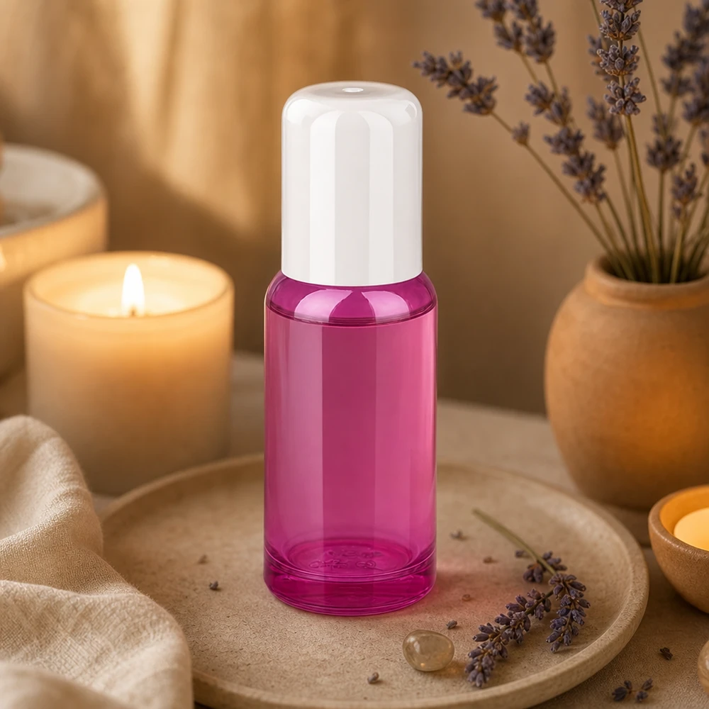 Butelka roll-on 20 ml wykonana z wysokiej jakości szkła z praktycznym zamknięciem kulkowym w kolorze fioletowym