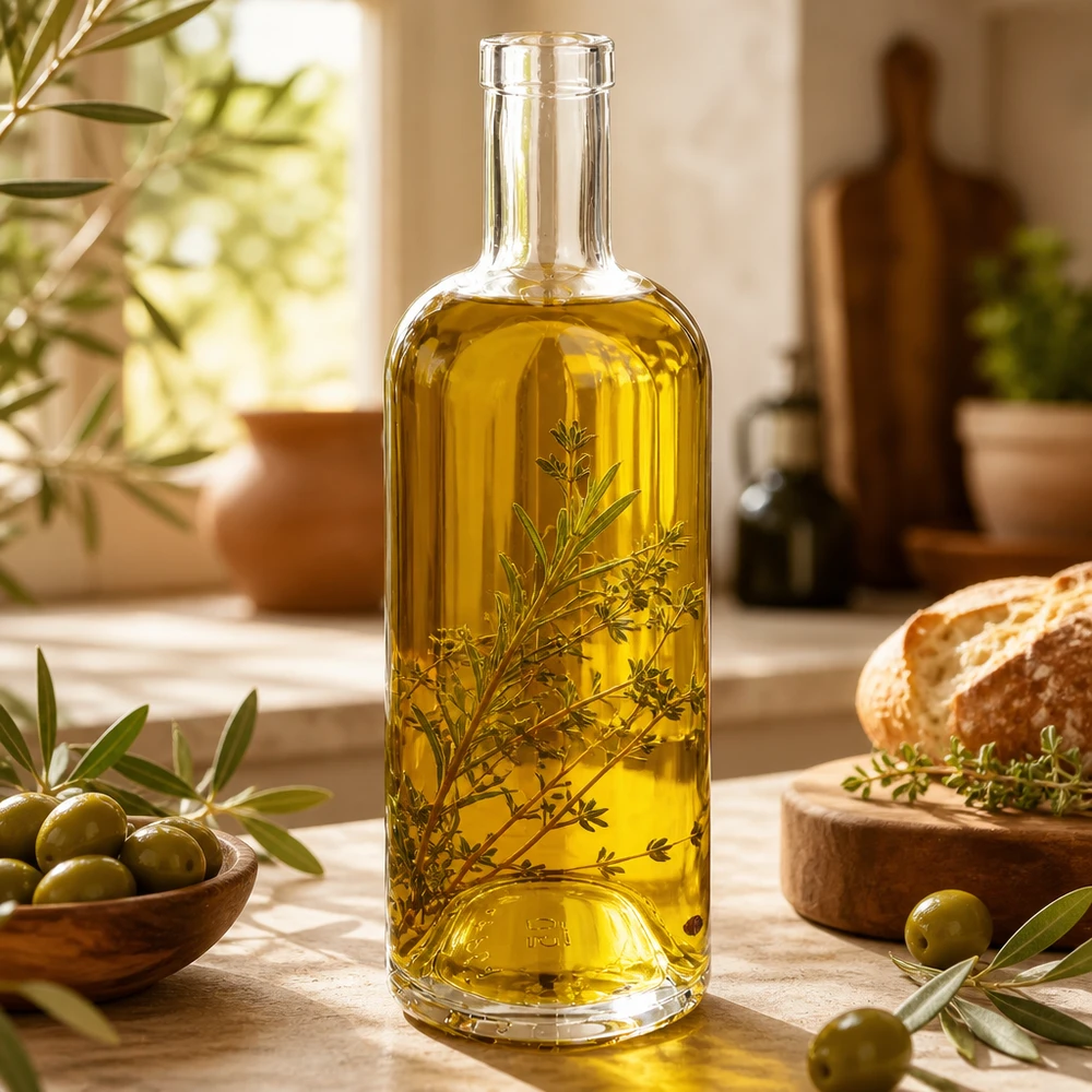 750 ml szklana butelka Emma wypełniona oliwą z oliwek i ziołami obok chleba z oliwek i śródziemnomorskich dekoracji