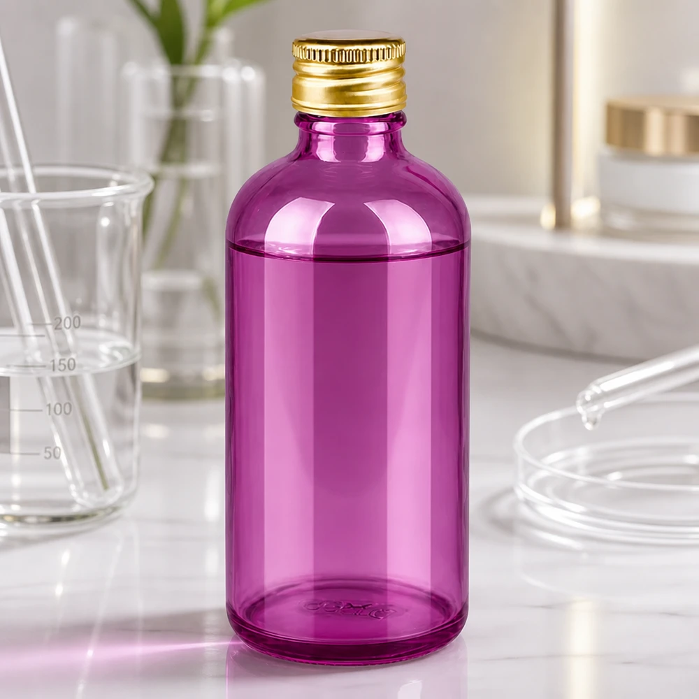 Butelka 100ml 11mm zakrętka aluminiowa standard złota PurpleLine. UT18/100 Chroniąca przed światłem butelka z fioletowego szkła o pojemności 100 ml z aluminiowym wieczkiem na składniki aktywne wrażliwe na promieniowanie UV