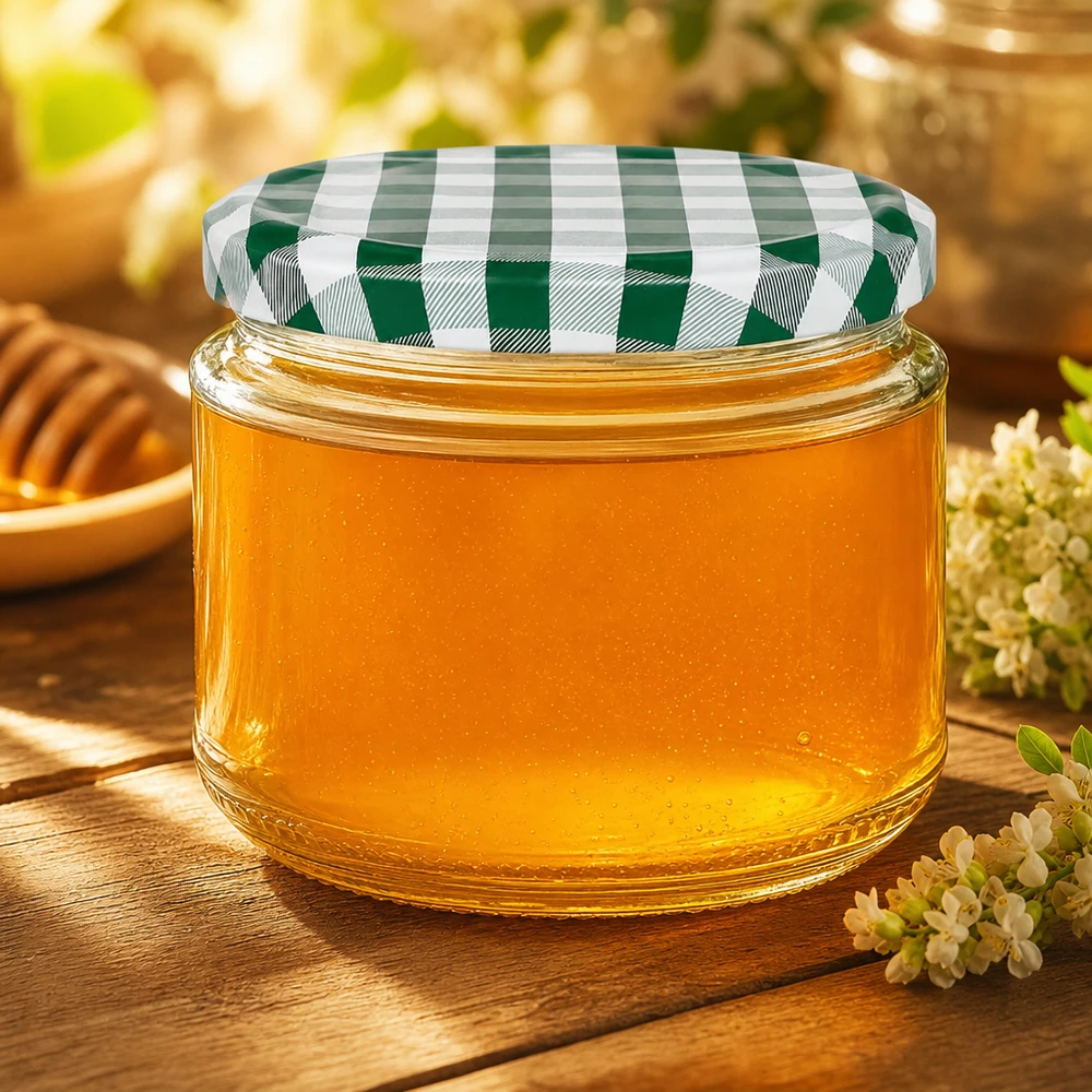 Okrągły słoik 330 ml wypełniony miodem, zielono-biała pokrywka BasicSeal, słoik miodu na drewnianym stole ozdobionym kwiatami
