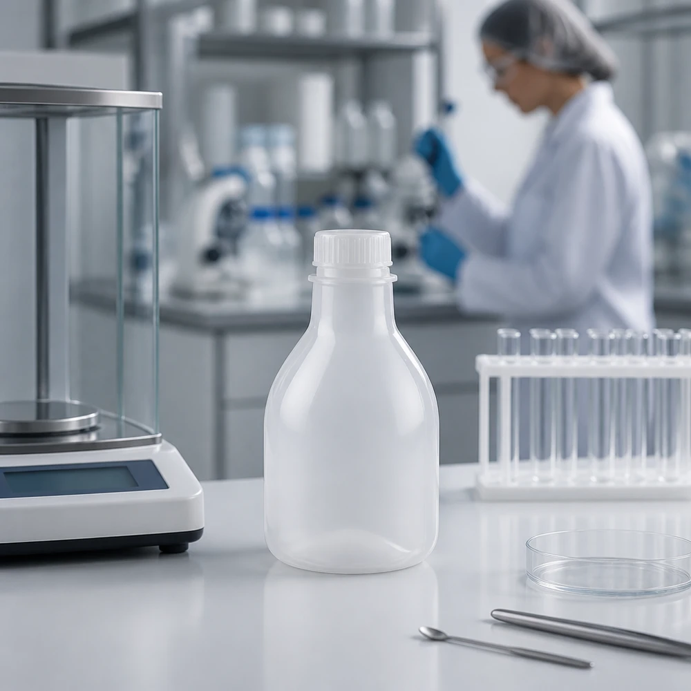 Butelka laboratoryjna 20 ml z wąską szyjką bez zakrętki Biała butelka laboratoryjna o wąskiej szyjce o pojemności 20 ml bez nakrętki, stojąca obok wagi analitycznej i probówek w laboratorium