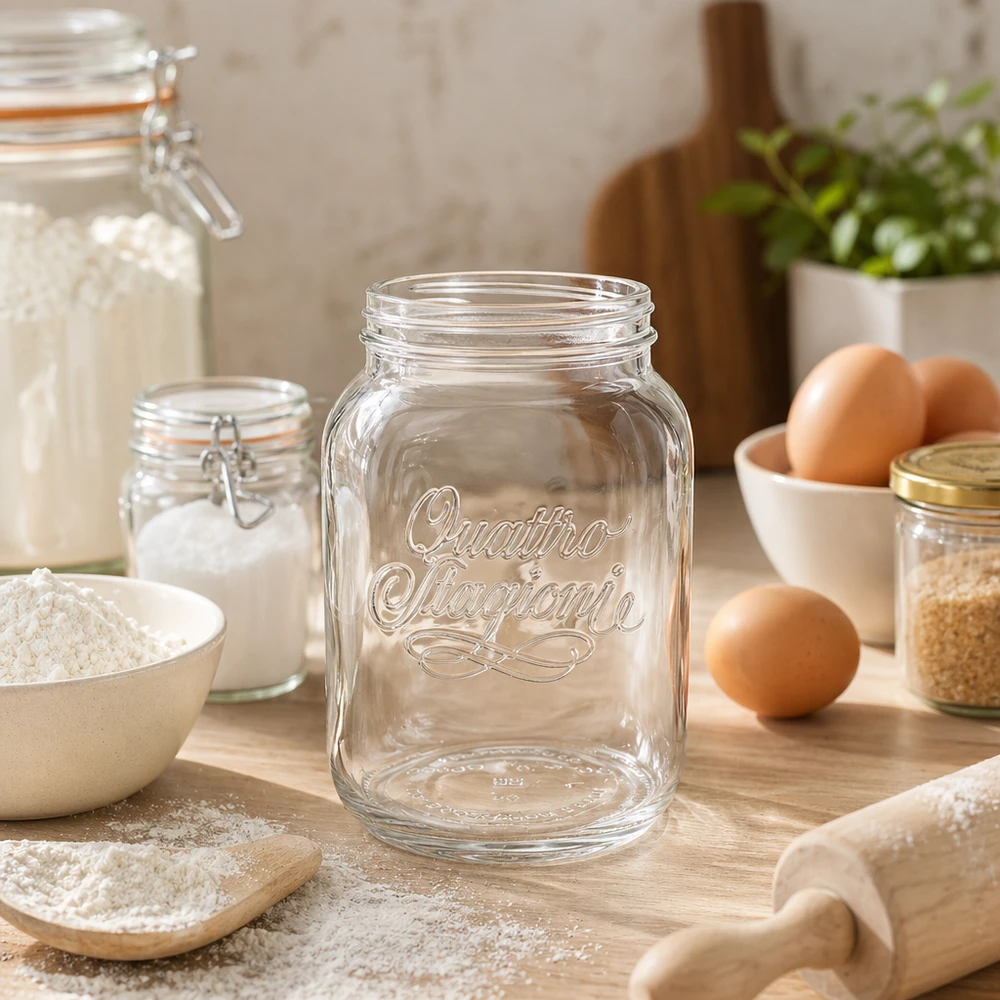 Quattro Stagioni szklanka 3000ml przezroczysta na drewnianym stole z przyborami kuchennymi, jajkami i mąką
