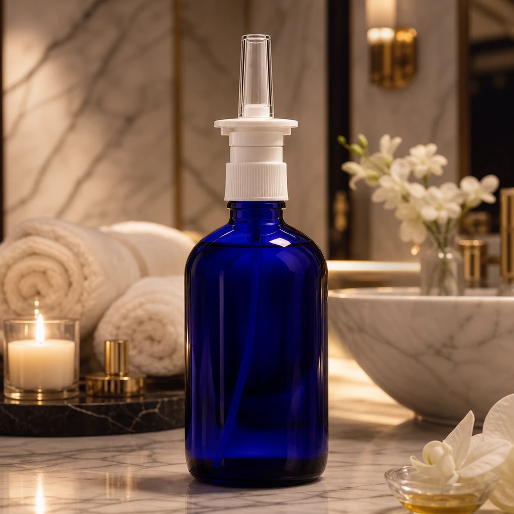 Butelka apteczna niebieska 100ml atomizer do nosa biały St Szklana butelka o pojemności 100 ml w kolorze kobaltowym z nasadką do rozpylania do nosa, umieszczona na eleganckiej, luksusowej półce łazienkowej z marmuru