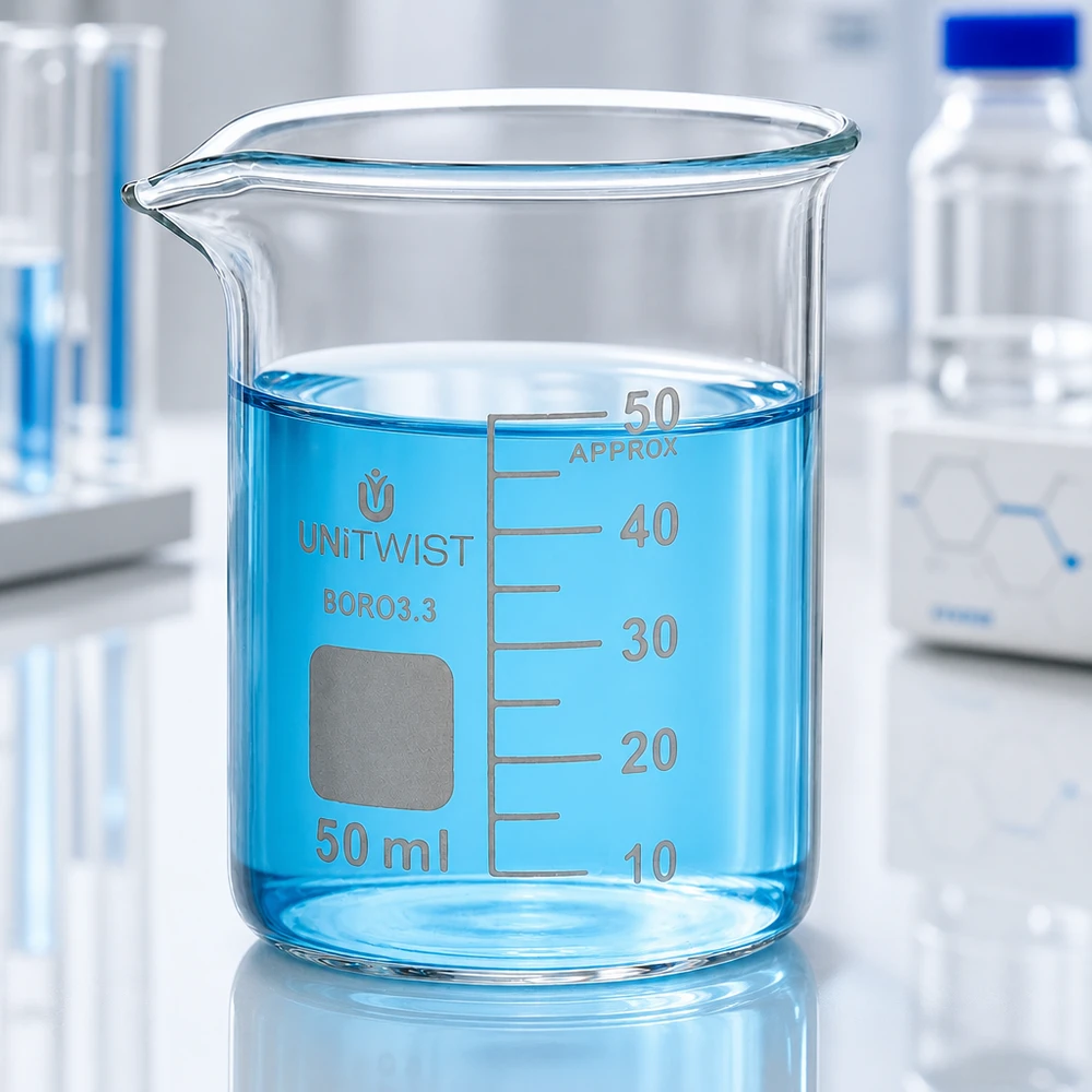 Zlewka 50 ml z borokrzemianu, niskoprofilowa UNiTWIST Szklanka UNiTWIST o pojemności 50 ml, niskiego kształtu, z turkusowym płynem przy poziomie napełnienia wynoszącym 45 ml w laboratorium