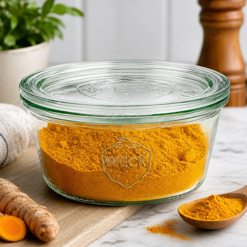 Kubki WECK 290ml RR100 wypełnione sproszkowaną kurkumą jako słoik na przyprawy obok świeżego korzenia kurkumy i drewnianej łyżki