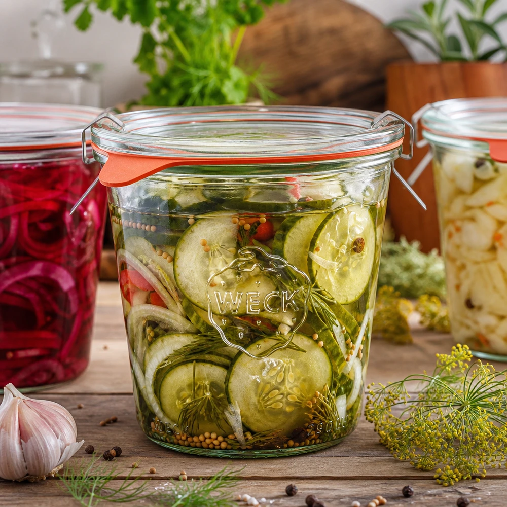 Kubki wysokie 290ml w komplecie WECK RR80 WECK słoik 290ml RR80 z marynowanymi korniszonami i przyprawami obok innych słoików na drewnianej powierzchni