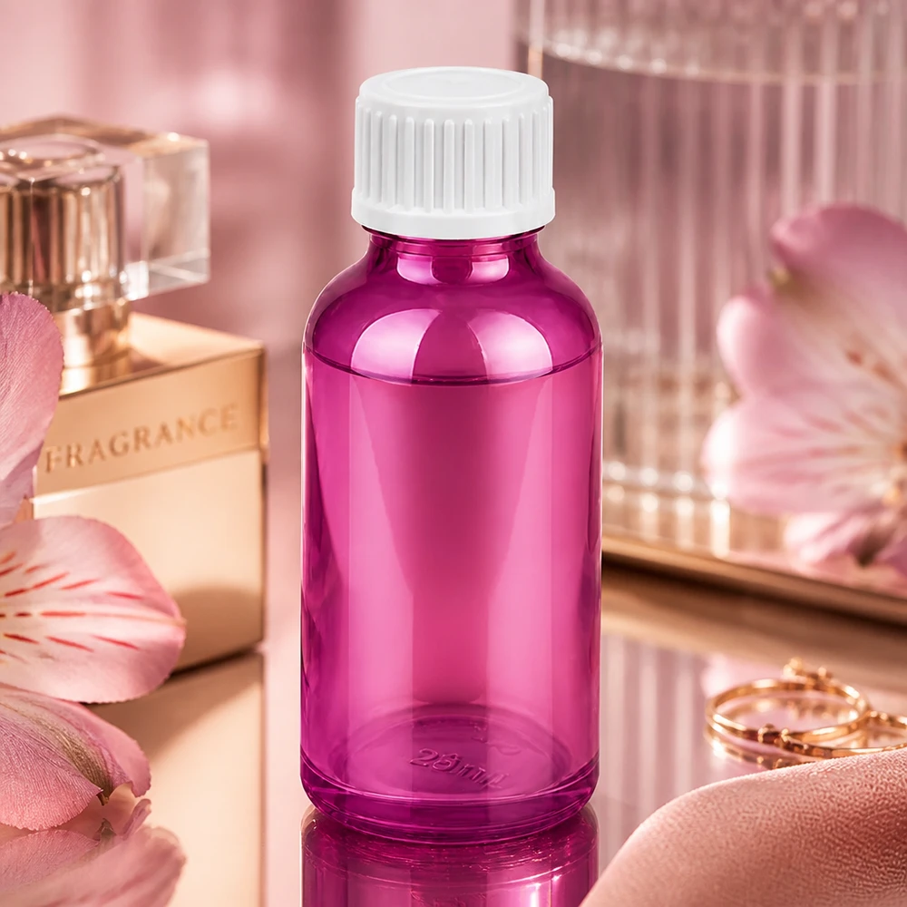 Mała 30 ml butelka z zakraplaczem w kolorze fioletowym do aromaterapii i kosmetyków DIY z białą zakrętką