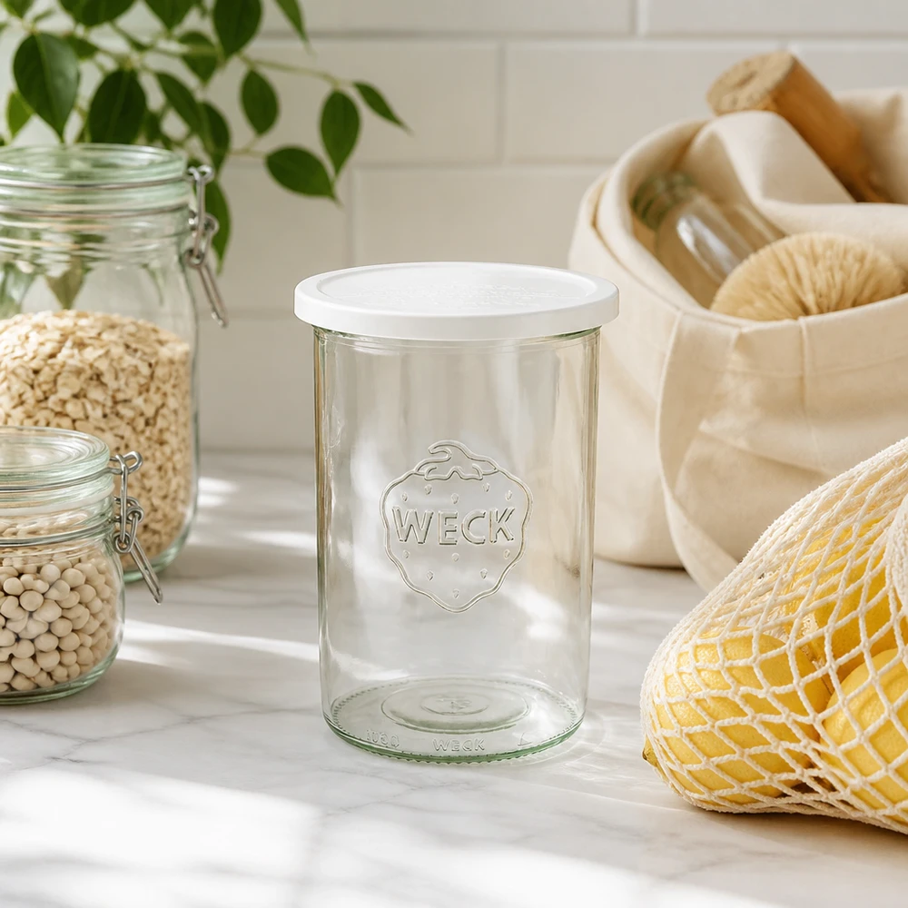 Kubki WECK 1000 ml RR100 w naturalnym środowisku kuchennym z ekologicznymi przyborami do przechowywania i roślinami