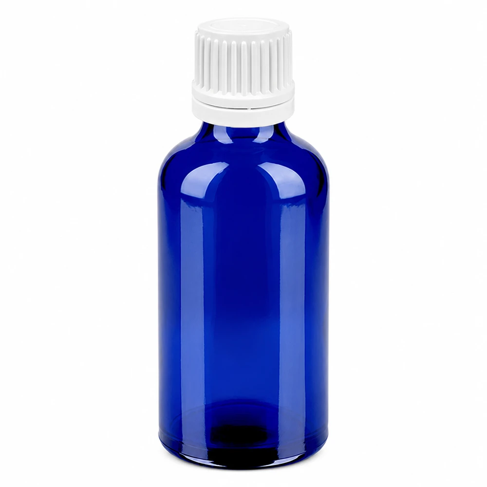 Butelka z niebieskiego szkła o pojemności 50 ml z białym zakraplaczem 0,7 mm do precyzyjnego dozowania BlueLine UT18/50