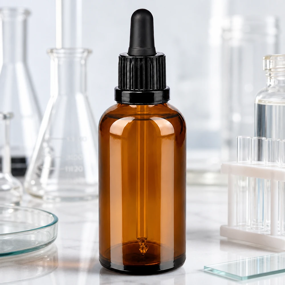 Kompaktowa butelka z bursztynowego szkła o pojemności 50 ml z pipetą OV BrownLine UT18/50 do zastosowań laboratoryjnych