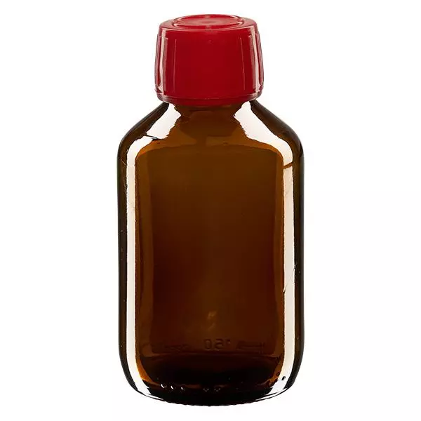 Butelka na lek 150 ml brązowa, czerwona zakrętka z pierścieniem zabezpieczającym ApoGlas. Farmaceutyczna jakość produkcji UE. Gwint 28 mm (PP28). (syrop, butelka z lekkiego szkła) Butelka na lek 150 ml brązowa, czerwona zakrętka z pierścieniem zabezpieczającym ApoGlas. Farmaceutyczna jakość produkcji UE. Gwint 28 mm (PP28). (syrop, butelka z lekkiego szkła)
