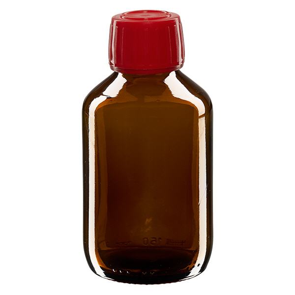 Butelka na lek 150 ml brązowa, czerwona zakrętka z pierścieniem zabezpieczającym ApoGlas. Farmaceutyczna jakość produkcji UE. Gwint 28 mm (PP28). (syrop, butelka z lekkiego szkła) Butelka na lek 150 ml brązowa, czerwona zakrętka z pierścieniem zabezpieczającym ApoGlas. Farmaceutyczna jakość produkcji UE. Gwint 28 mm (PP28). (syrop, butelka z lekkiego szkła)
