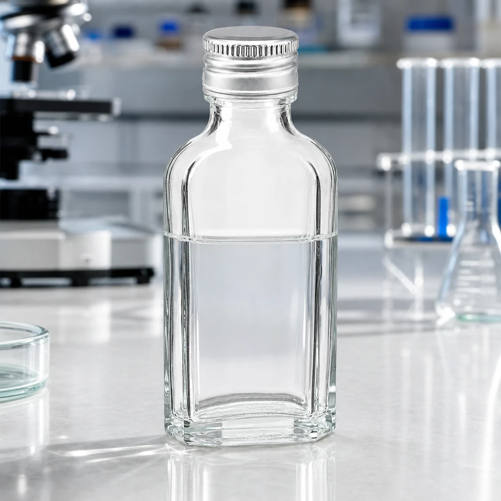 50 ml Meplat przezroczysty z aluminiowym kapslem srebrny PP22 Prostokątna, przezroczysta szklana butelka o pojemności 50 ml typu Meplat z srebrnym aluminiowym zamknięciem PP22 w warunkach laboratoryjnych