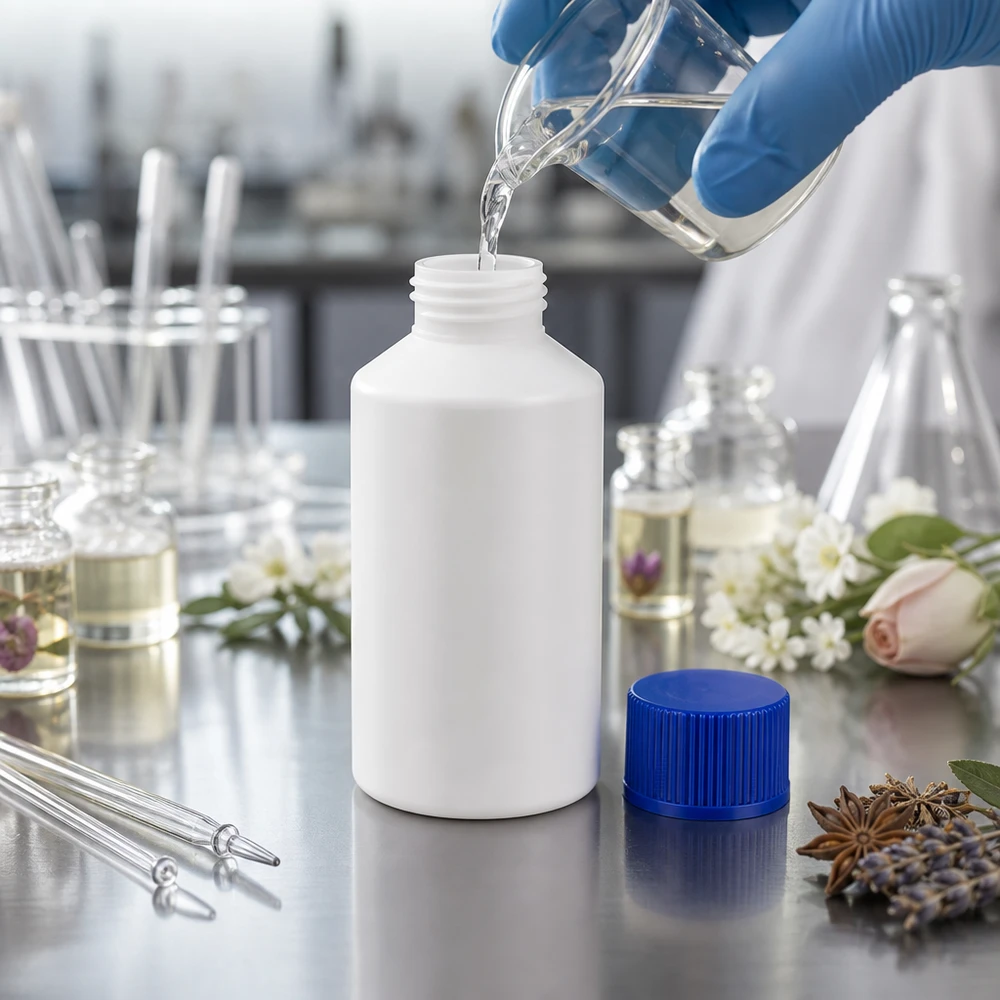 Butelka apteczna z HDPE o pojemności 50 ml, biała, z niebieską zakrętką i szklanym kubeczkiem do napełniania