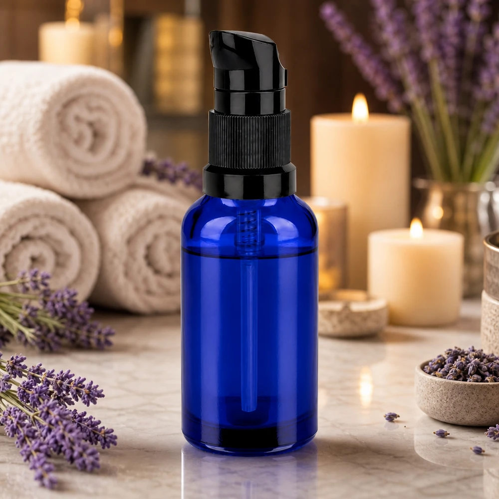 Butelka z pompką 30 ml czarna STD BlueLine UT18/30 Czarny dozownik z pompką na niebieskiej szklanej butelce o pojemności 30 ml do wysokiej jakości produktów kosmetycznych
