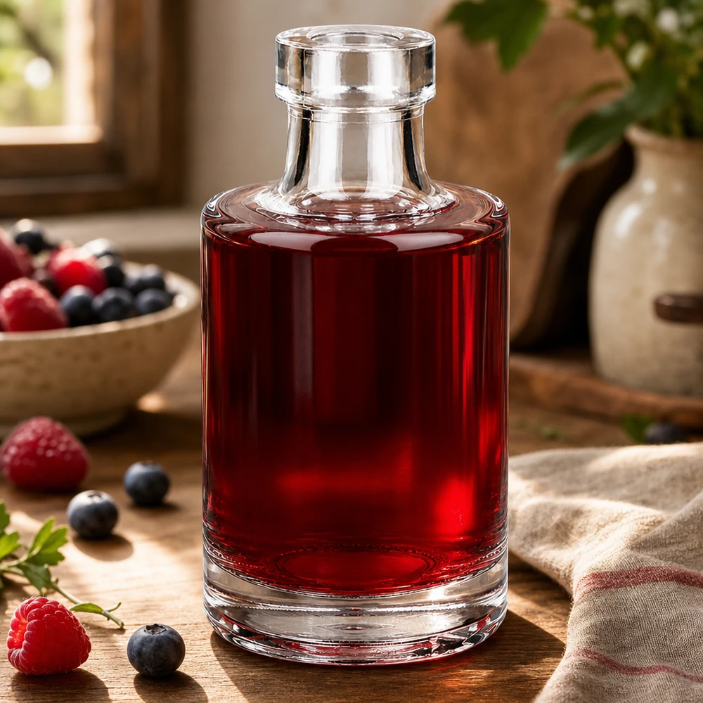 100 ml szklana butelka Marie wypełniona syropem z czerwonych jagód obok świeżych malin i jagód na drewnianym stole