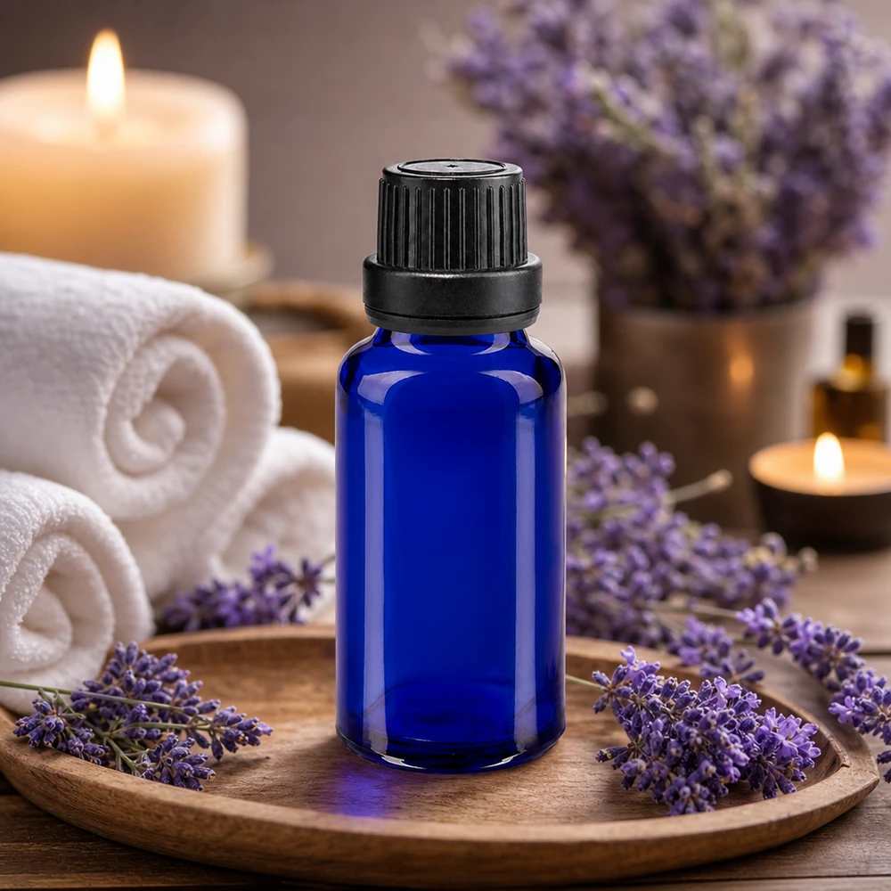 Butelka apteczna niebieska 20ml zakrętka czarna szczelna OV Niebieska szklana buteleczka o pojemności 20 ml z zakrętką i zapachem lawendowym „Spa Ambiente”