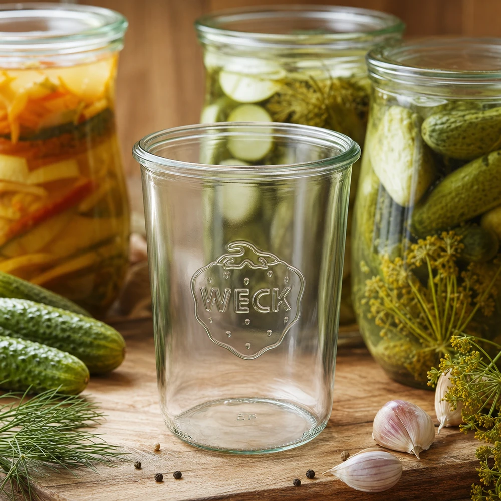 Kubki o pojemności 850 ml WECK RR100 Pusty słoik WECK RR100 o pojemności 850 ml przed marynowanymi korniszonami i warzywami w napełnionych słoikach na drewnianej podstawie.