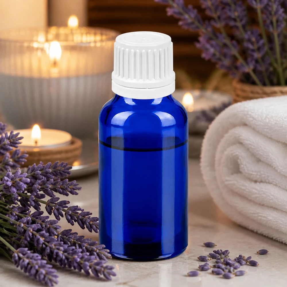 Butelka 20 ml 11 mm SV biała OV BlueLine UT18/20 Wysokiej jakości szklana butelka o pojemności 20 ml z zabezpieczeniem przed dziećmi do aromaterapii