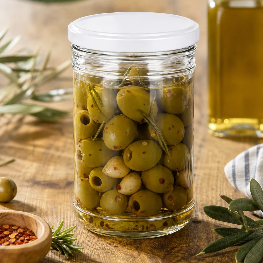 1053 ml kubki wypełnione oliwkami pokazują śródziemnomorskie zastosowanie BasicSeal biały słoik do przechowywania antipasti