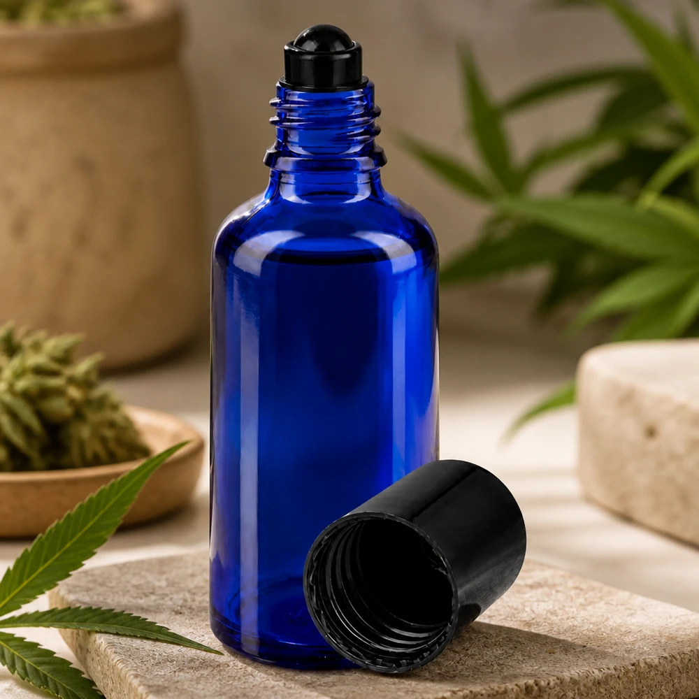 Kobaltowo-niebieska buteleczka z kulką o pojemności 50 ml z czarną kulką do olejków eterycznych i produktów CBD