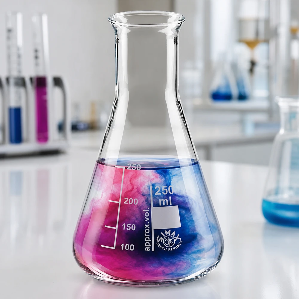 Kolba miarowa Erlenmeyera o pojemności 250 ml z podziałką i kolorowymi chemikaliami do eksperymentów