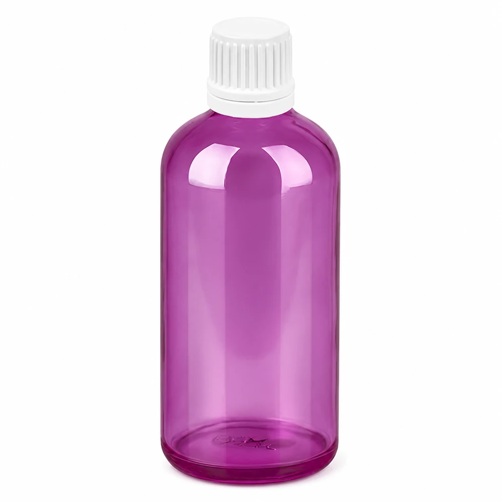 Butelka z zakraplaczem o pojemności 100 ml z białą zakrętką i fioletowym plastikowym korpusem zapewnia precyzyjne dozowanie.