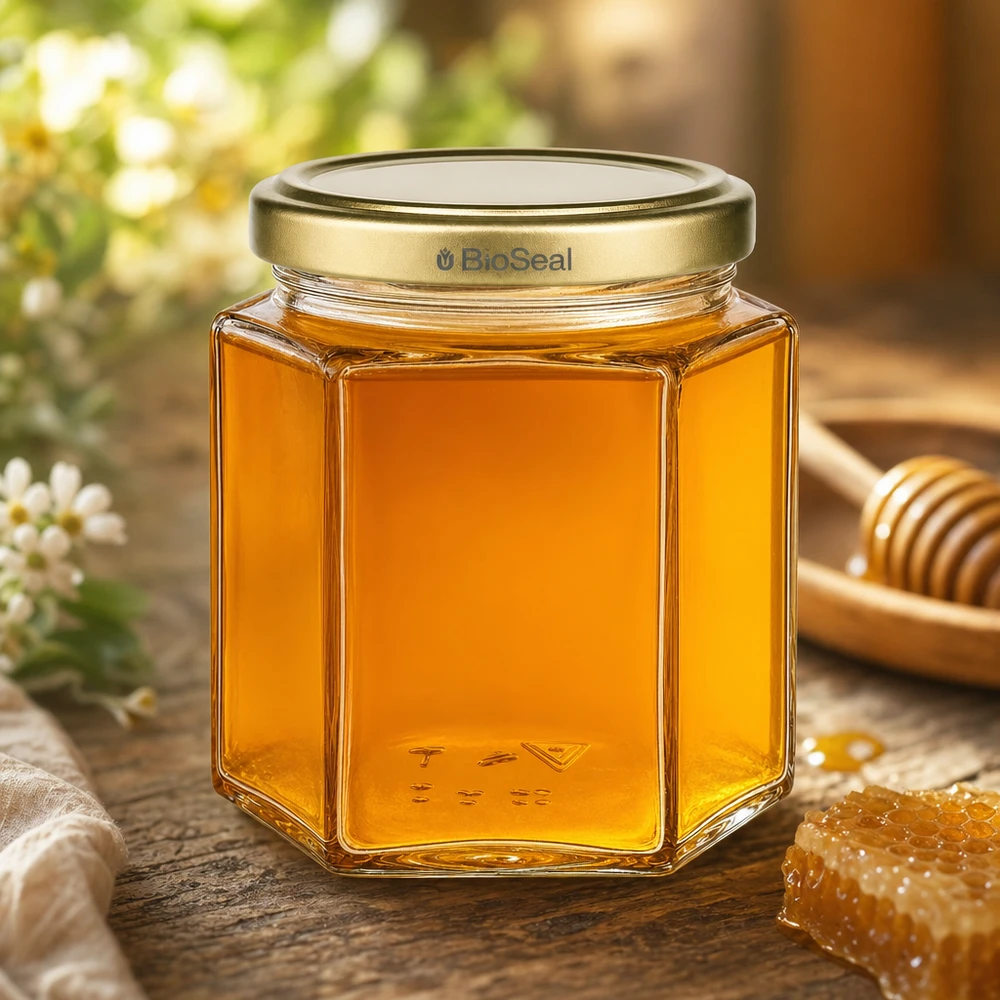 520g Honigglas mit goldenem Deckel BioSeal UNiTWIST 520 g sześciokątny słoik na miód ze złotą pokrywką BioSeal wypełniony naturalnym miodem obok plastra miodu i łyżki miodu