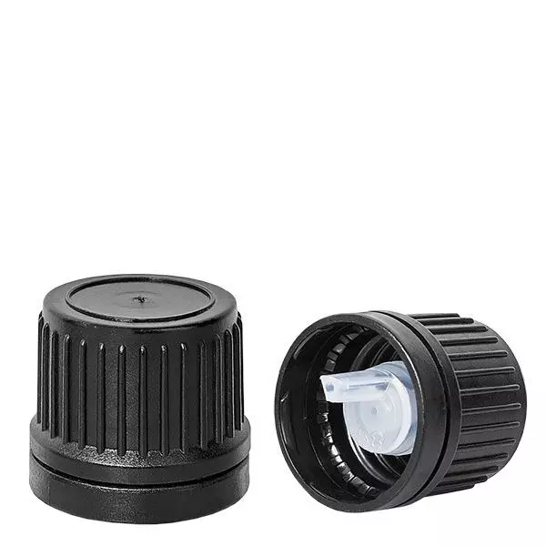 Nasadka zakraplacza 1 mm czarna (DIN18, UT18) z pierścieniem zabezpieczającym. Pionowy zakraplacz. Do ApoGlas®, UNiTWIST® i Miron® Apofl. 5-100 ml z gwintem 18 mm.