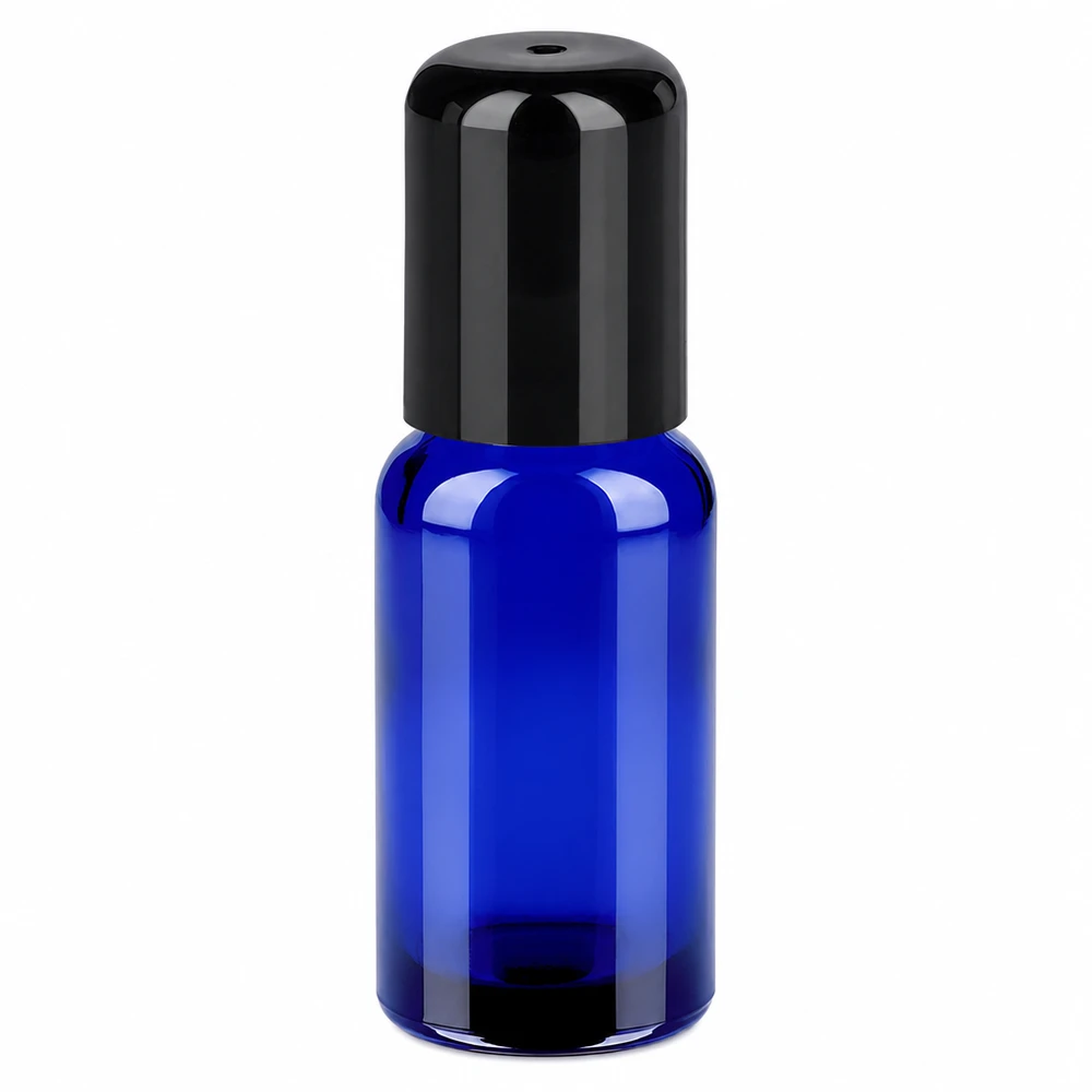 Niebieska butelka roll-on 20 ml z czarną nakrętką do olejków eterycznych i kosmetyków
